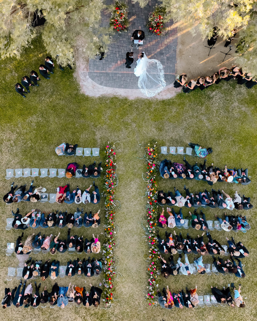 aerial view of wedding ceremony 