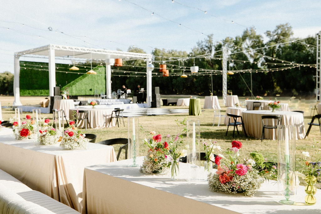 daytime view of tables and chairs at green gale farms for boujee wedding