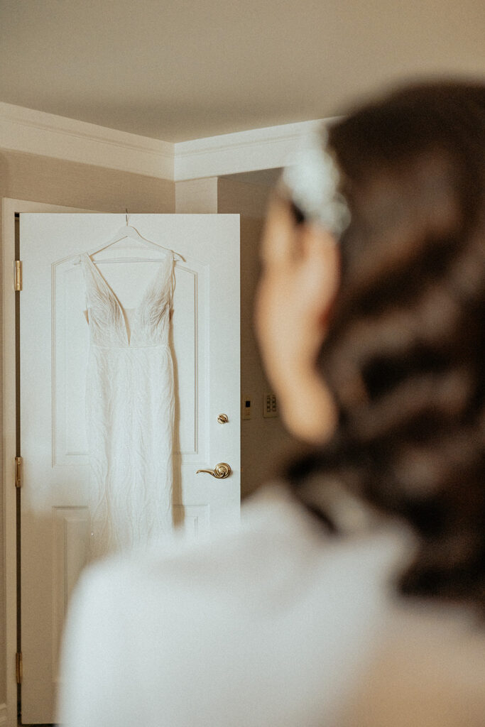Wedding Dress detail picture elopement at sure thing chapel 