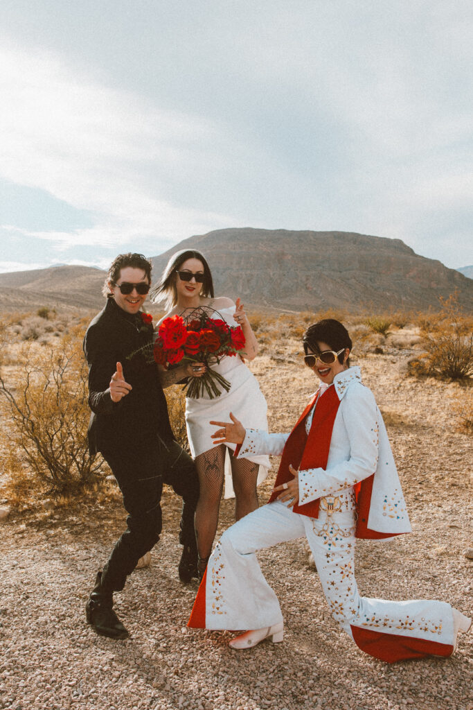 Desert elopement ceremony setup at Desert Love, a Las Vegas desert elopement location with Joshua trees and mountain views with Elvis