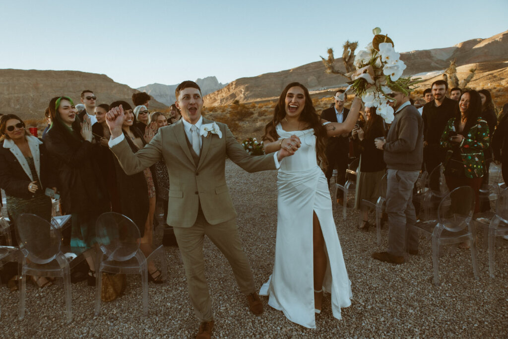 Desert elopement ceremony setup at Desert Love, a Las Vegas desert elopement location with Joshua trees and mountain views