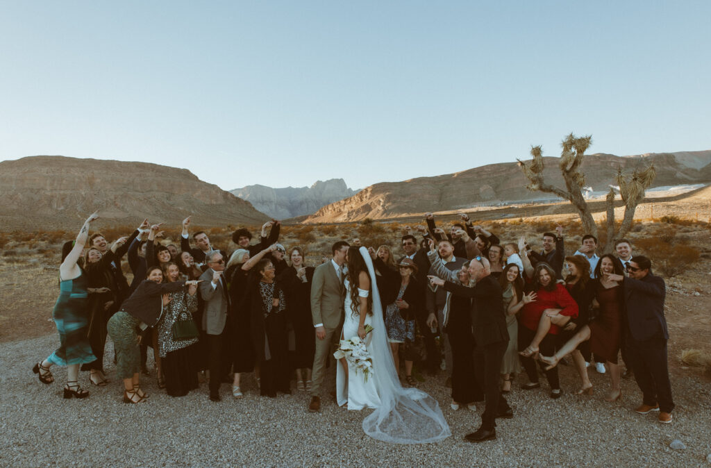 Desert elopement ceremony setup at Desert Love, a Las Vegas desert elopement location with Joshua trees and mountain views